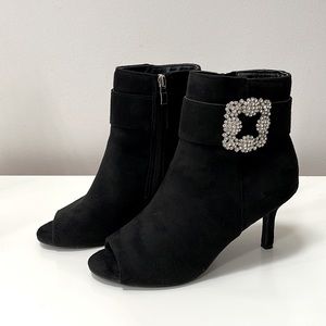 Black Microsuede Open Toe Shoes with Rhinestone Detail